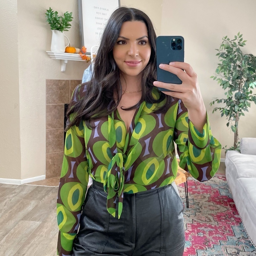 Zara Vibrant Green and Brown Geometric Blouse
